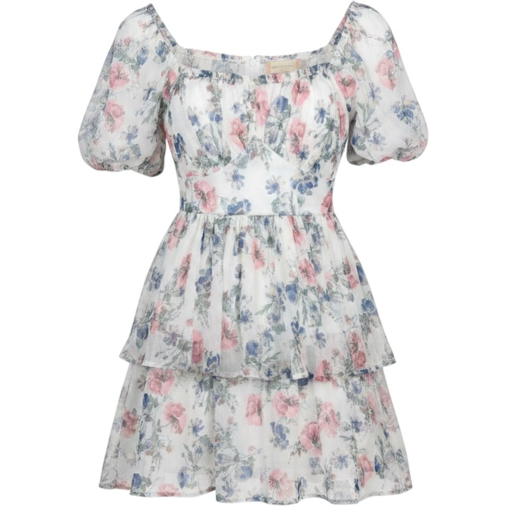 Altar'd State Floral Tiered Mini Dress XS White Pink Blue Puff Sleeve 26CM99MZUP
